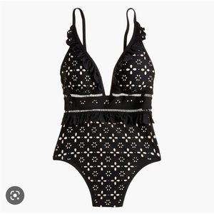 NWT J Crew laser cut ruffle, deep plunge swimsuit, black, 8